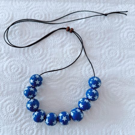 Natural Round Star Pattern Blue Wood Beads on a Slide Adjustable Black Satin Cord Necklace For Women