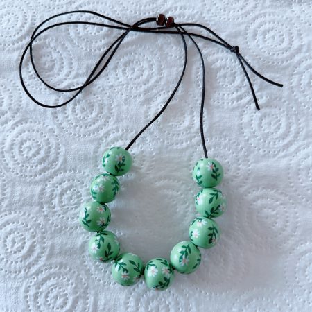Natural Spray Painted Round Flower Pattern Green Wooden Beads on Black Satin Cord Women Necklace