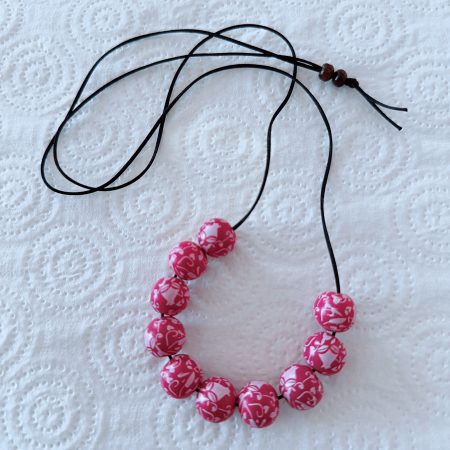 Wooden Bead Necklace for women, Printed Floral Deep Pink Wood Bead on Adjustable Satin Code Necklace
