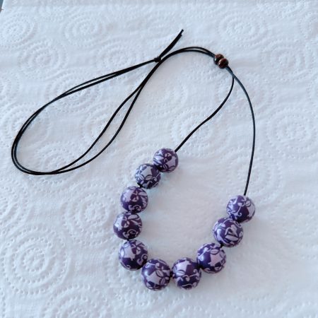 Wooden Bead Necklace for women, Printed Floral Purple Wood Bead on Adjustable Satin Code Necklace