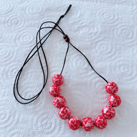 Wooden Bead Necklace for women, Printed Floral Red Wood Beads on Slide Adjustable Black Satin Code