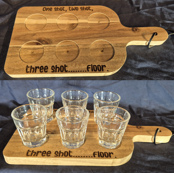 One shot, Two shot........wooden shot glass paddle.