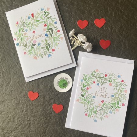 Hand painted watercolour heart wreath greeting card