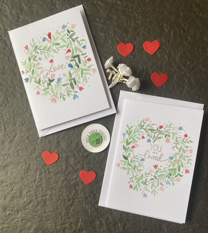Hand painted watercolour heart wreath greeting card