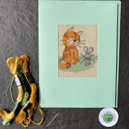 Cross stitch greeting card Cat and Mouse