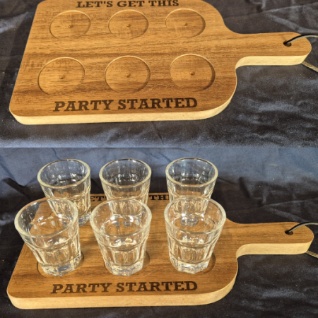 Let's get this party started wooden shot glass paddle.