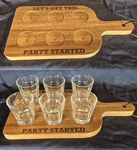 Let's get this party started wooden shot glass paddle.