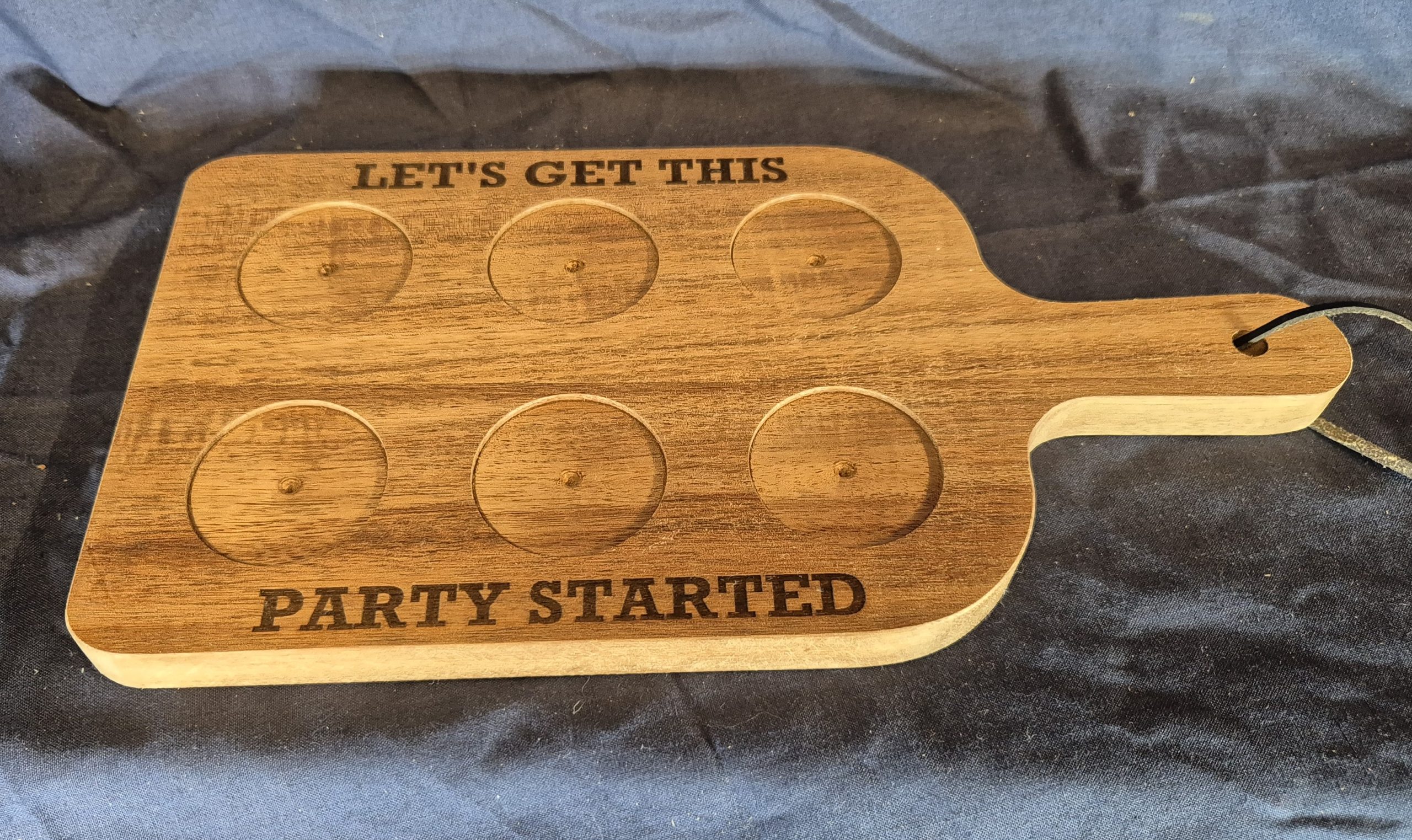 Let's get this party started wooden shot glass paddle.