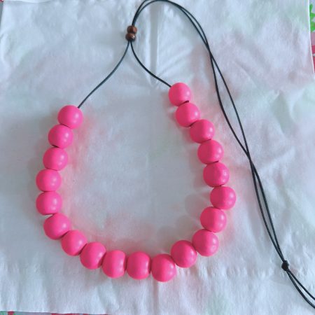 Slide Adjustable Wood Beads Necklace for women/Natural Round Dyed Hot Pink Wood Beads on Satin Code
