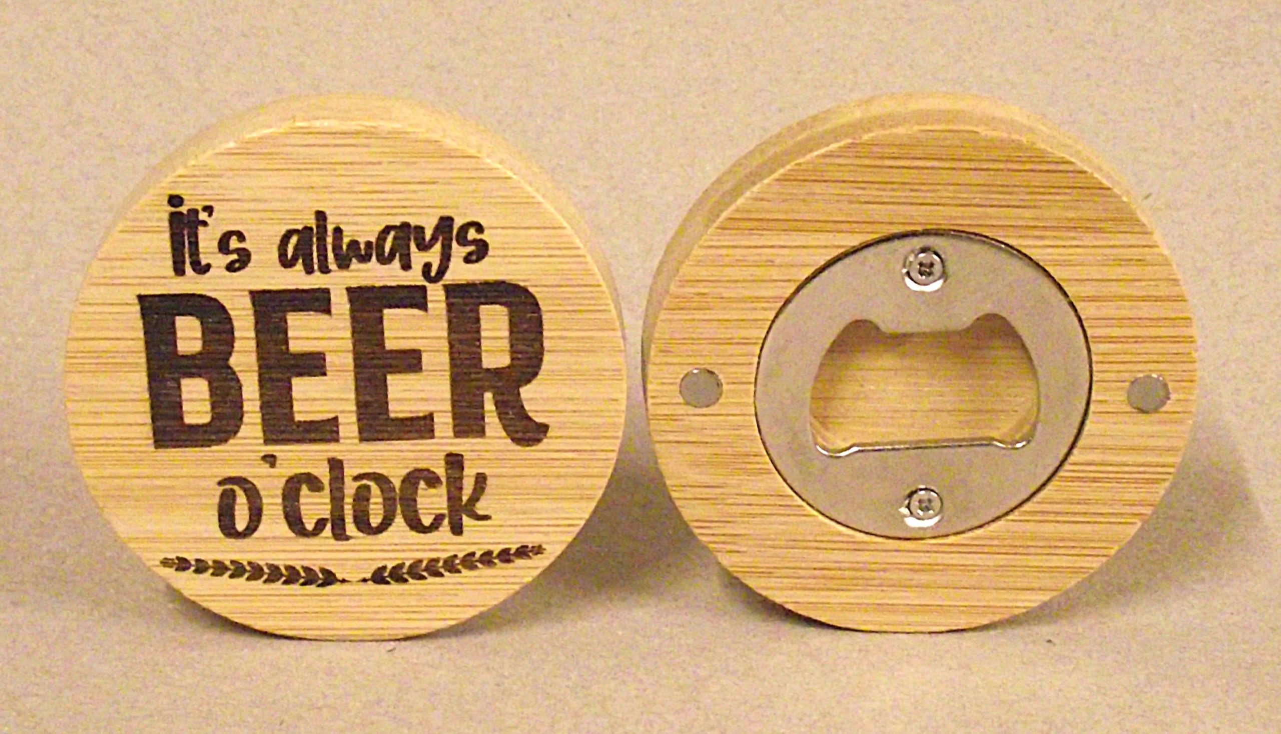 Circular magnetic bottle opener.