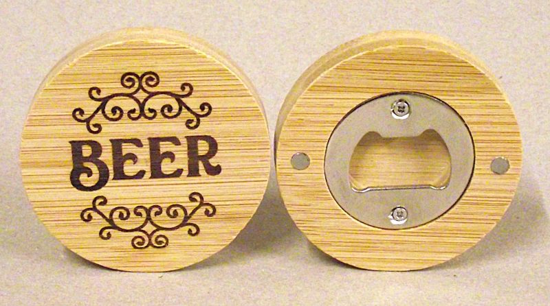 Circular magnetic bottle opener.