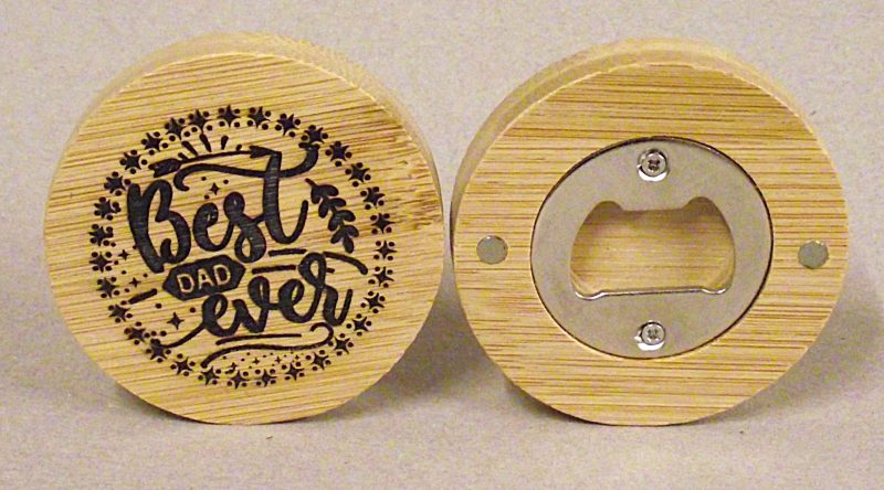 Circular magnetic bottle opener.