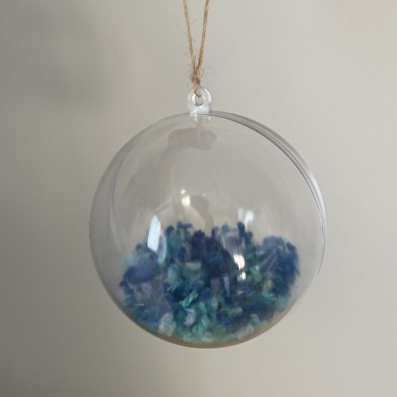 Christmas tree bauble with yarn snow in blues and whites