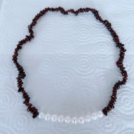Necklace for Women Made with Garnet Chip Beads & Natural Cultured Freshwater Pearl Beads on Elastic
