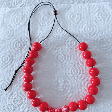 Wood Bead Necklace for women/Plain Bright Red & Floral Print Red Wood Beads/Slide Adjustable Code