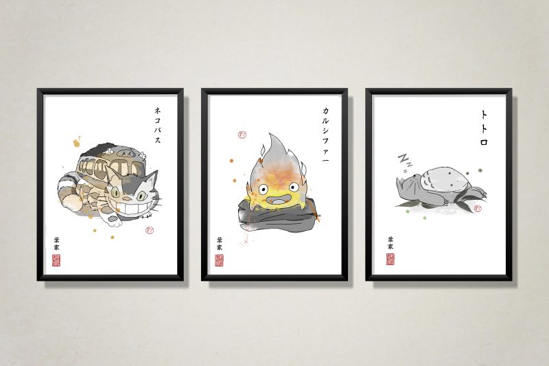 Studio Ghibli Movie Fanart Prints - Sumi-e Japanese Ink brush - mancave office boys girls bedroom