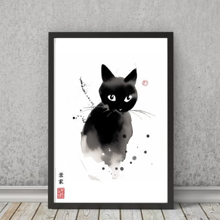 Black Cat Print - Japanese Sumi-e Style - Pet Art Home Decor Gift Idea Wall Art Cat Lover Gift Black