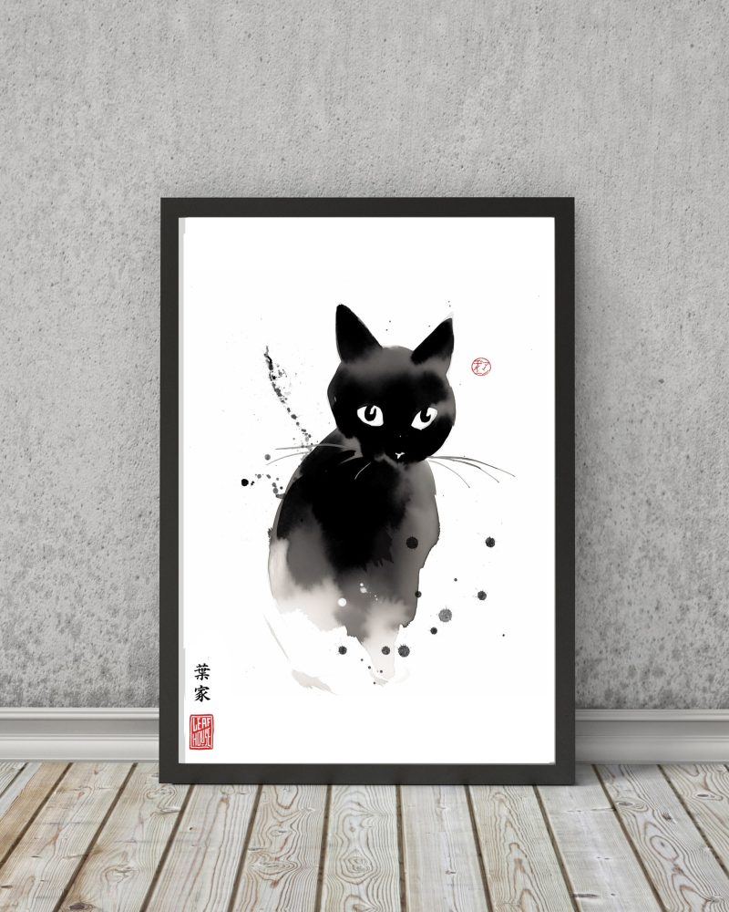 Black Cat Print - Japanese Sumi-e Style - Pet Art Home Decor Gift Idea Wall Art Cat Lover Gift Black