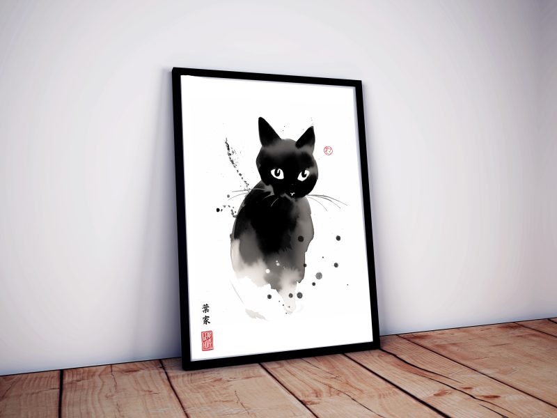 Black Cat Print - Japanese Sumi-e Style - Pet Art Home Decor Gift Idea Wall Art Cat Lover Gift Black
