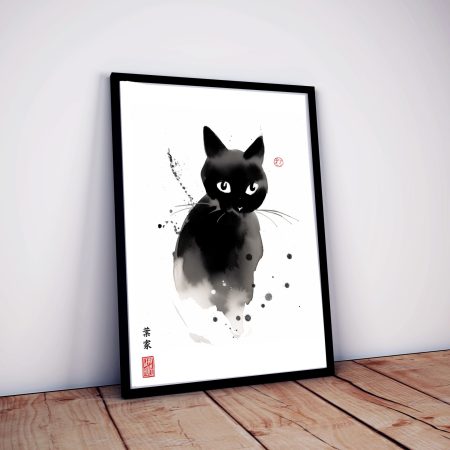 Black Cat Print - Japanese Sumi-e Style - Pet Art Home Decor Gift Idea Wall Art Cat Lover Gift Black