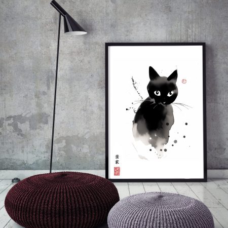 Black Cat Print - Japanese Sumi-e Style - Pet Art Home Decor Gift Idea Wall Art Cat Lover Gift Black