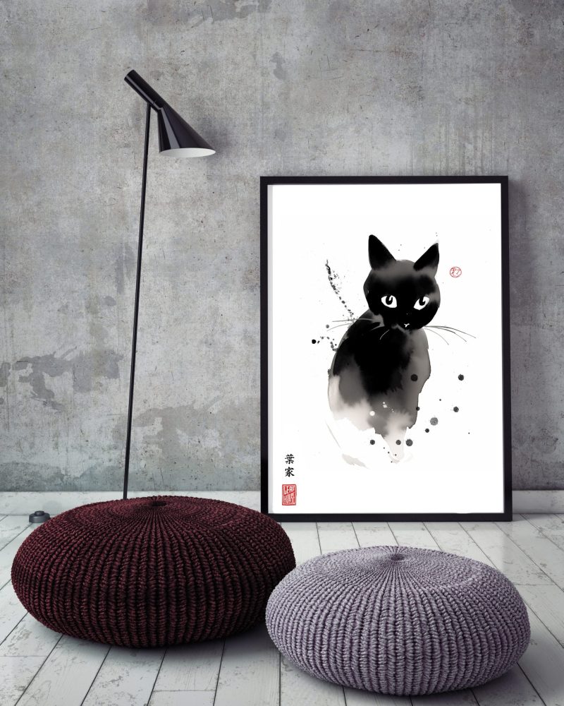 Black Cat Print - Japanese Sumi-e Style - Pet Art Home Decor Gift Idea Wall Art Cat Lover Gift Black