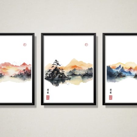 Triptich | Japanese fantasy landscape | Beautiful Mountain & Cloud Landscape illustration painting