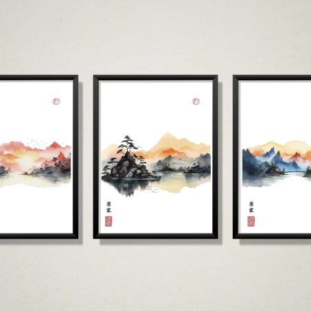 Triptich | Japanese fantasy landscape | Beautiful Mountain & Cloud Landscape illustration painting
