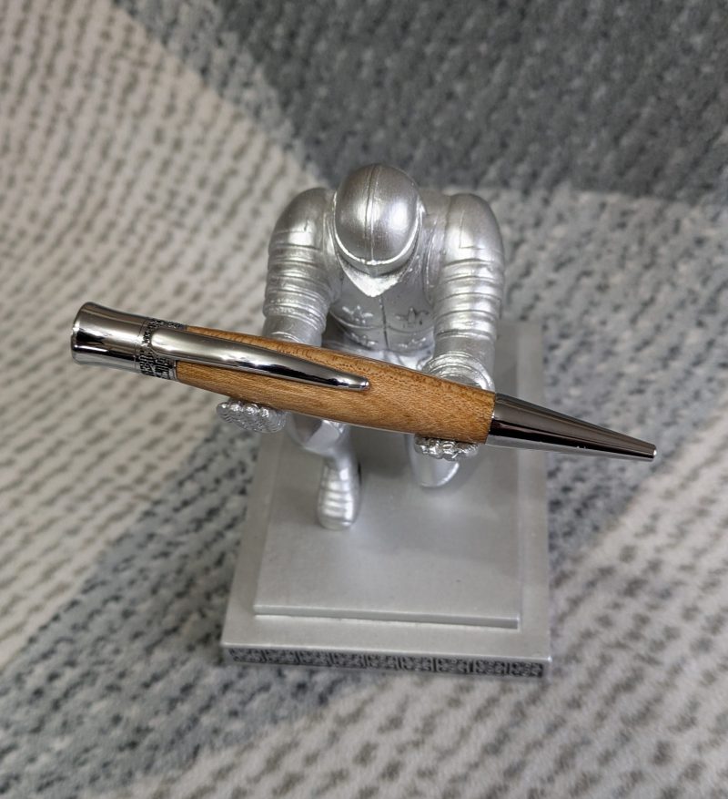 Hand turned wooden Epsilon style pen made from Elm wood with chrome fittings and a high gloss finish