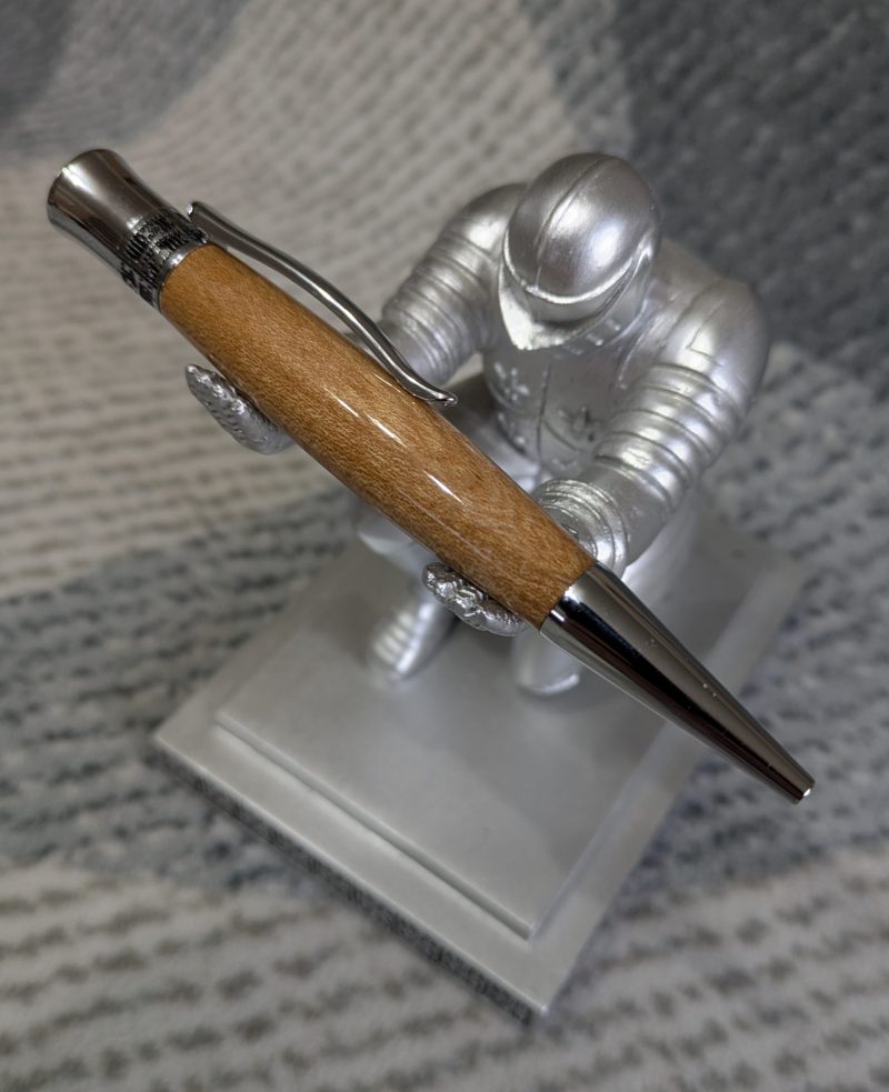 Hand turned wooden Epsilon style pen made from Elm wood with chrome fittings and a high gloss finish