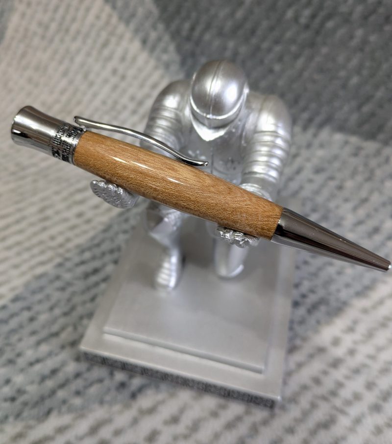 Hand turned wooden Epsilon style pen made from Elm wood with chrome fittings and a high gloss finish