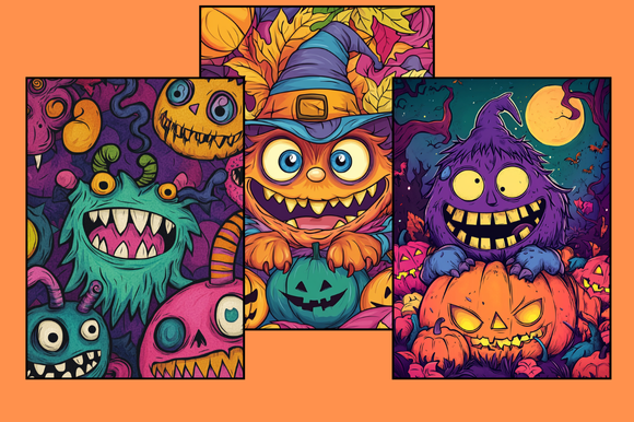 Digital Cute Monsters Halloween Colouring Book