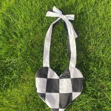 Grey and black heart shaped tote bag with adjustable bow straps, shoulder bag, cotton canvas