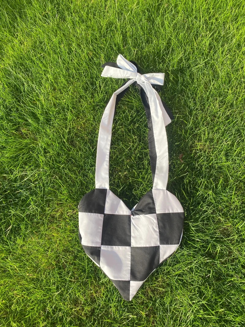 Grey and black heart shaped tote bag with adjustable bow straps, shoulder bag, cotton canvas
