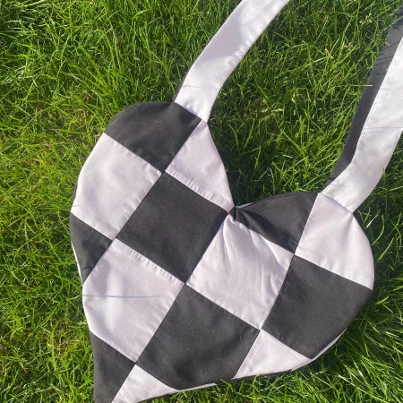 Grey and black heart shaped tote bag with adjustable bow straps, shoulder bag, cotton canvas