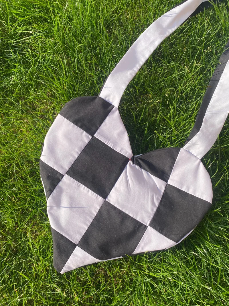 Grey and black heart shaped tote bag with adjustable bow straps, shoulder bag, cotton canvas