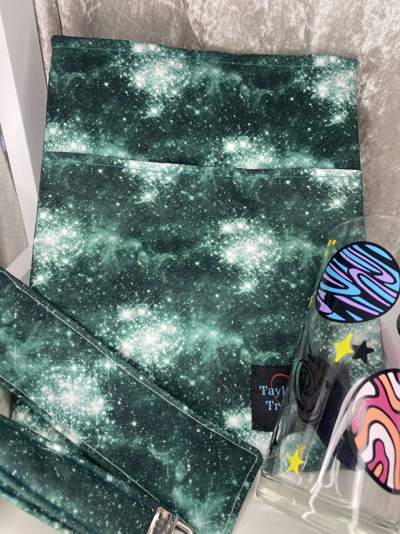 Green galaxy book sleeve gift set, padded cover for paperback and hardcover book, iPad pocket, gift