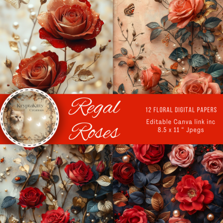 Red Roses digital paper bundle of 12 JPEGS, 8.5 x11” craft papers, printable pages, Editable Link