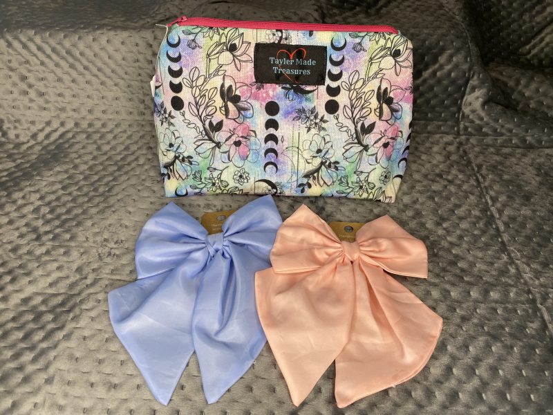 Personalised beauty gift hamper, makeup bag hair bows for her, watercolour celestial large makeup