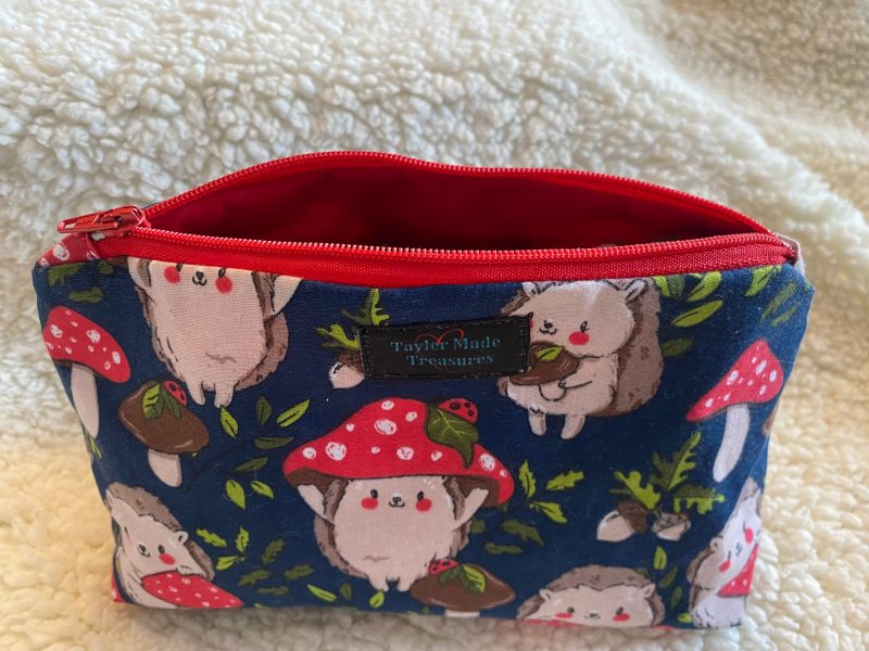 Blue hedgehog mushroom makeup zipped bag, accessories bag, medicine bag, travel makeup bag, cosmetic