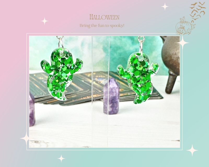 Cute Ghost Earrings |Green Glitter Ghost