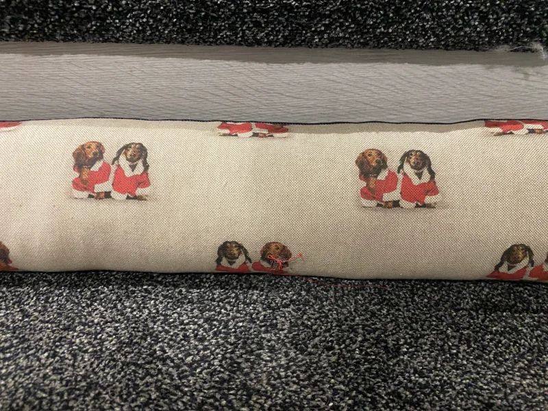 Christmas dog draught excluder, draught excluder, linen draft excluders with suede velvet backing