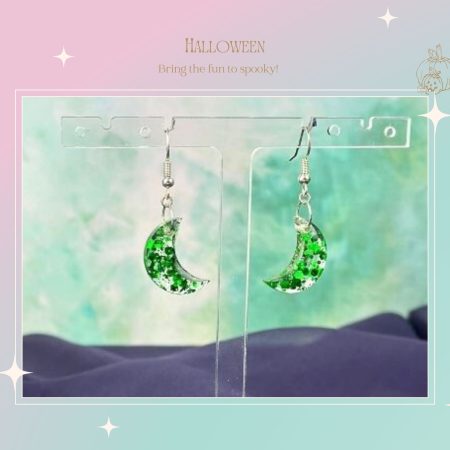 Cute Crescent Moon Earrings | Green glitter mix earrings