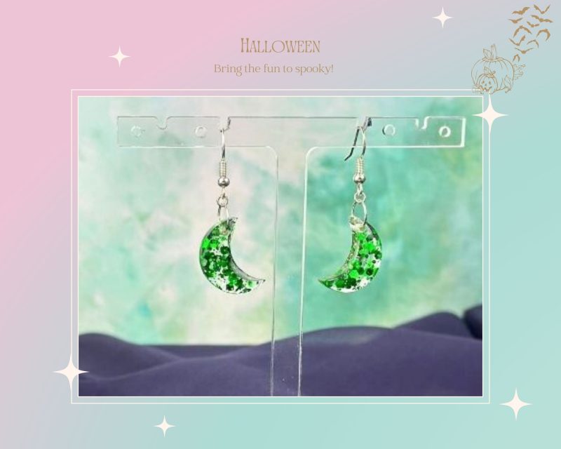 Cute Crescent Moon Earrings | Green glitter mix earrings