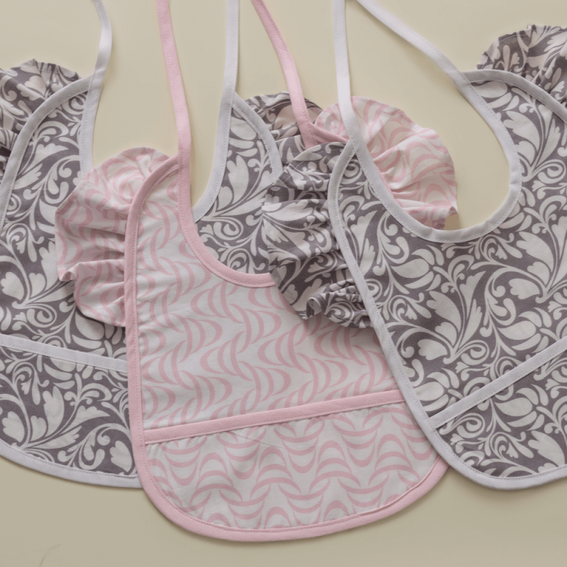 Handmade Baby Bib SET pink and grey-purple – 100% Cotton, Pack two, Baby Shower Gift, Baby present.