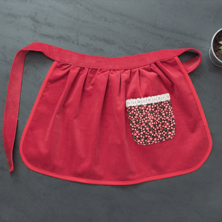 Red apron, Girl half apron, Corduroy apron, Apron with pocket, Winter apron