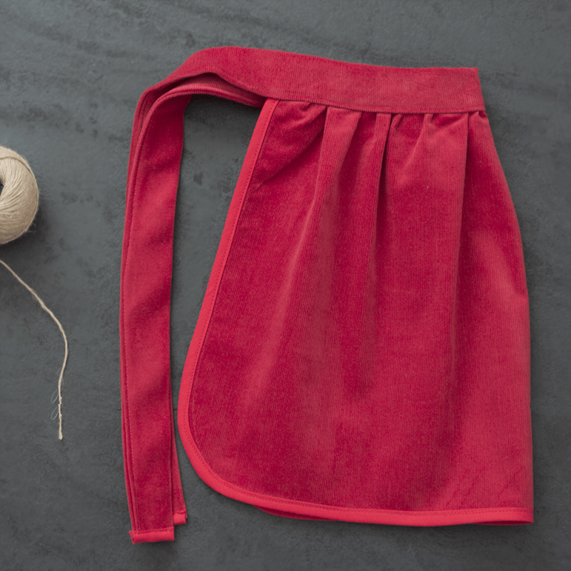 Red apron, Girl half apron, Corduroy apron, Apron with pocket, Winter apron