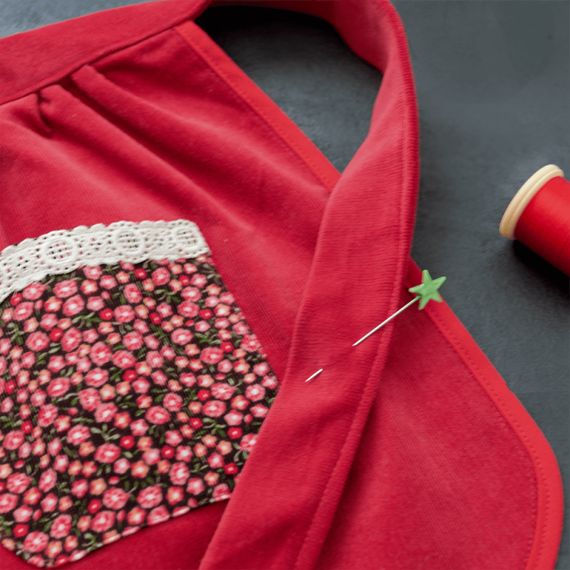 Red apron, Girl half apron, Corduroy apron, Apron with pocket, Winter apron