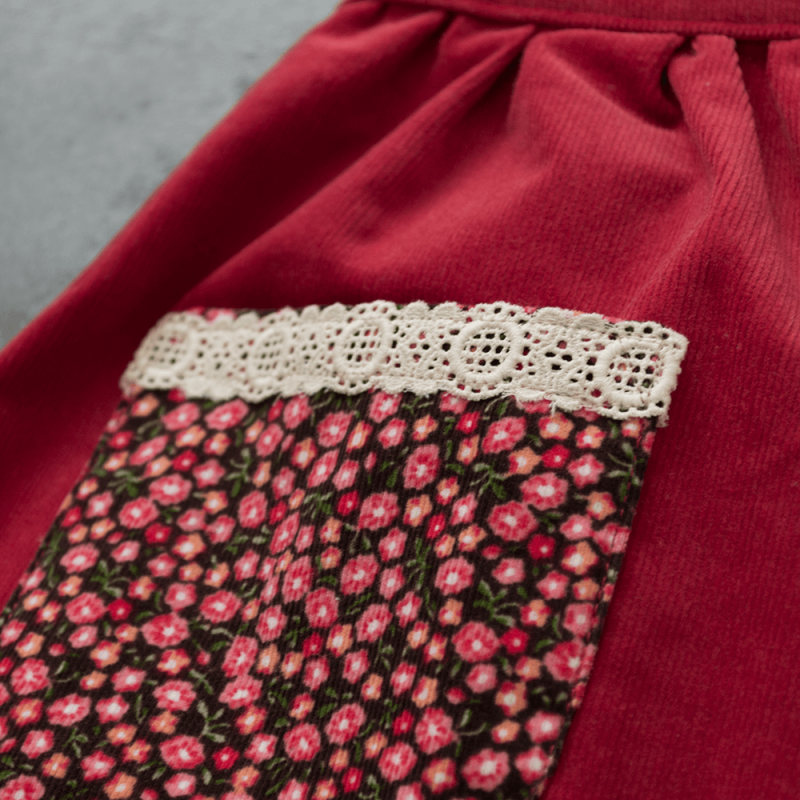 Red apron, Girl half apron, Corduroy apron, Apron with pocket, Winter apron