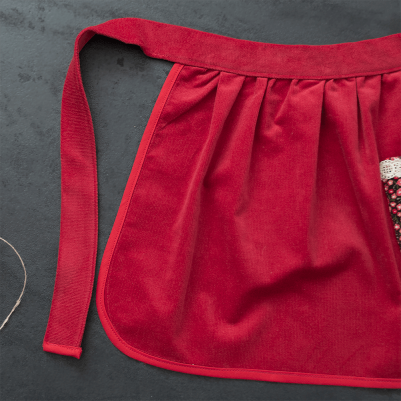 Red apron, Girl half apron, Corduroy apron, Apron with pocket, Winter apron
